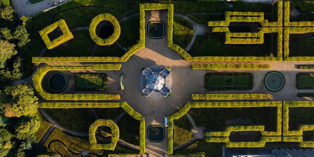 Drone view of formal gardens, photo Chateau de Versailles