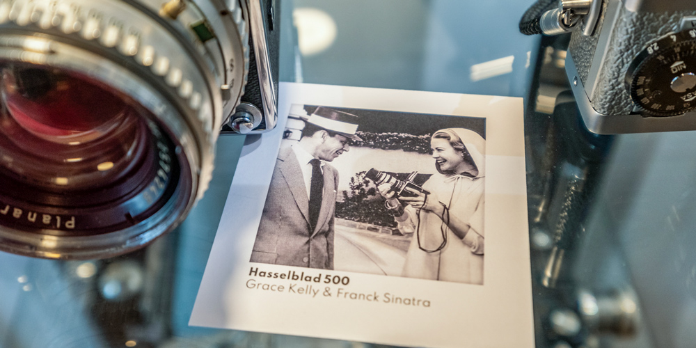 A Hasselblad camera display at the 99 Cameras Museum