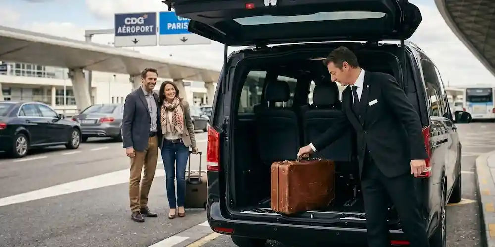 Driver loading luggage into an airport transfer vehicle