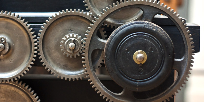 The gears on one of the impressive 19th century machines at Arts et Metiers Museum
