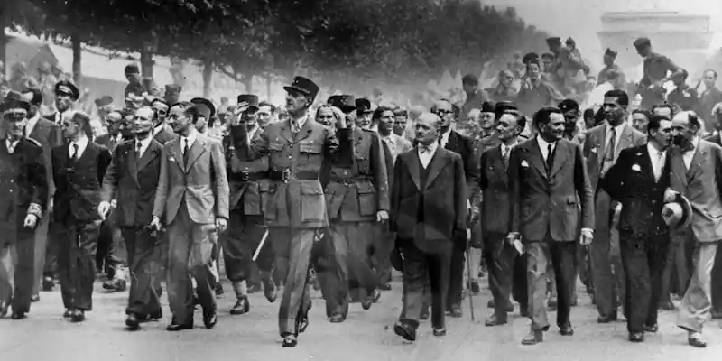 General Charles de Gaulle leading the Liberation of Paris march along the Champs-Élysées in August 1944