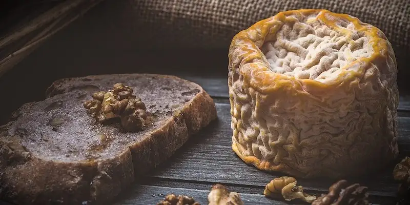 Two types of artisan cheese on display at Jouannault