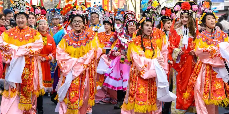 Chinese New Year parade in Paris with colorful costumes