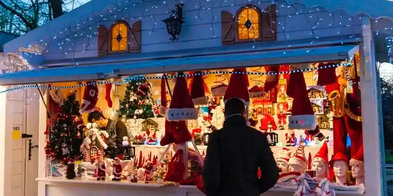Christmas market chalet selling holiday decorations in Saint-Germain-des-Prés, Paris