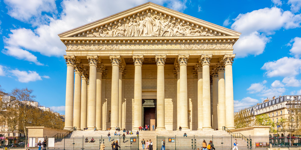 The facade of Eglise de la Madeleine Paris in 2025, after the restoration; photo by Mr Vlad