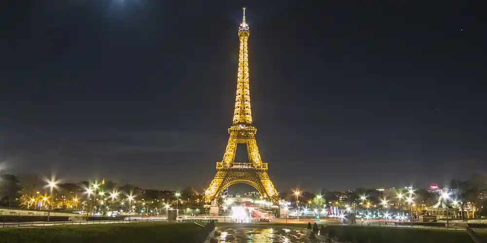 The Eiffel Tower illuminated at night from the Trocadéro
