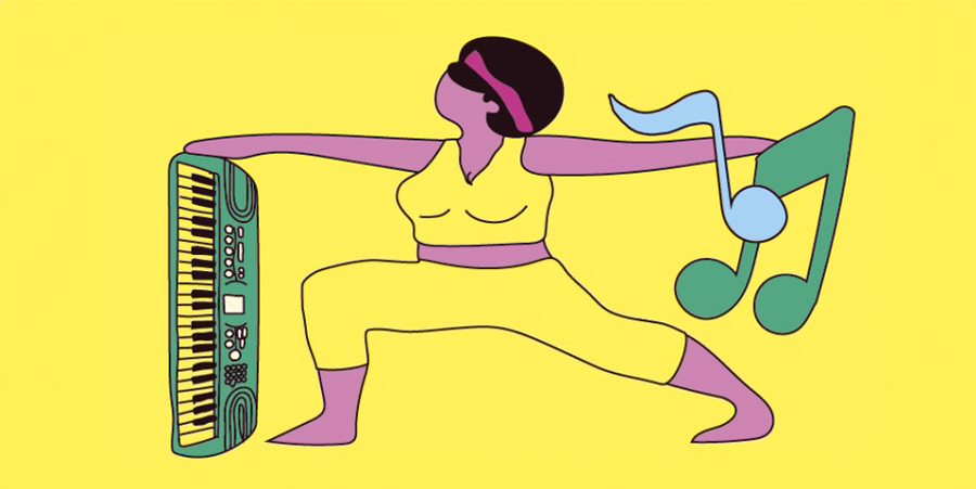 Fun graphic celbrating the Fets de la Musique, a woman with accordion on a yellow background