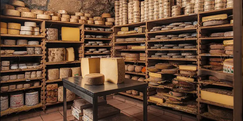 The cheese aging cellar at Fromagerie Quatrehomme