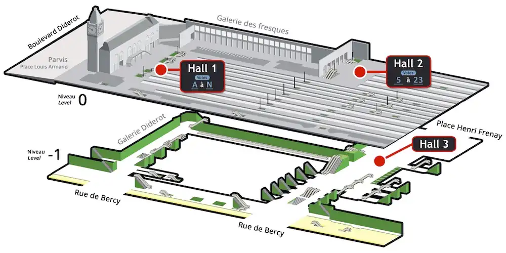 Plan of Gare de Lyon with main entry to the left, by the clock tower