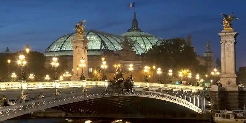 Grand Palais and Pont Alexandre III illuminated at night in Paris