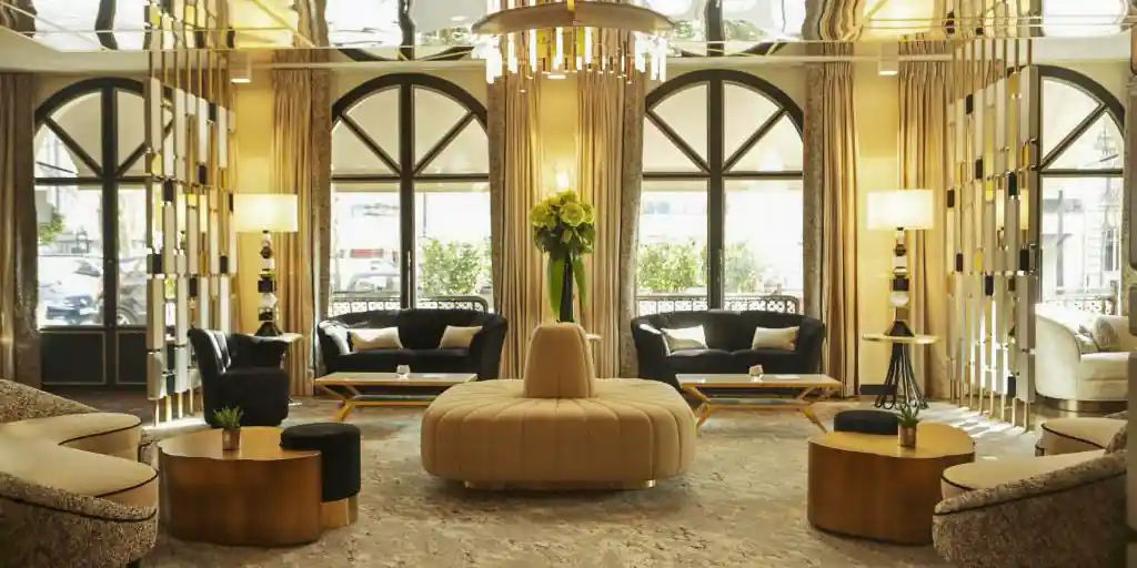 The inviting modernist lobby at the Derby Alm