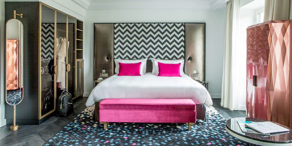 A room at the Fauchon Hotel with their signature pink color