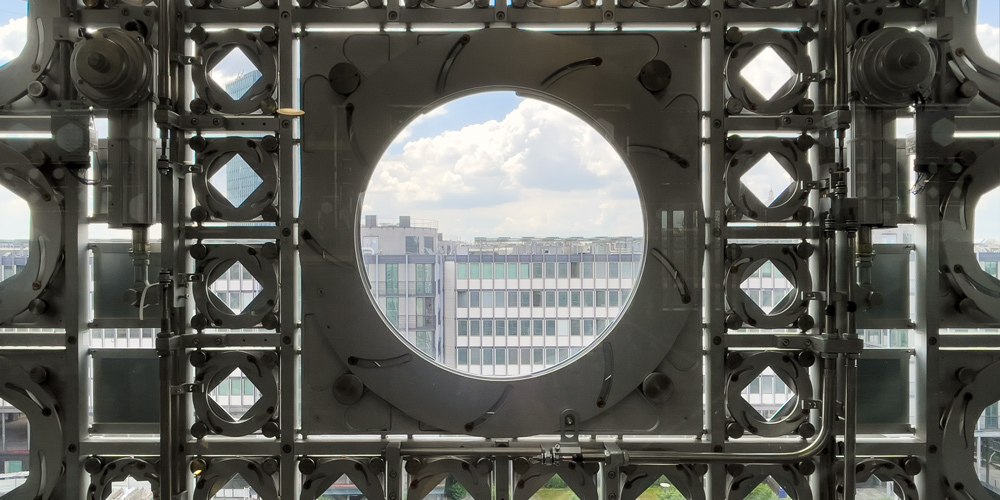 One of the  mashrabiya panels on the south facade of the Institut du Monde Arabe