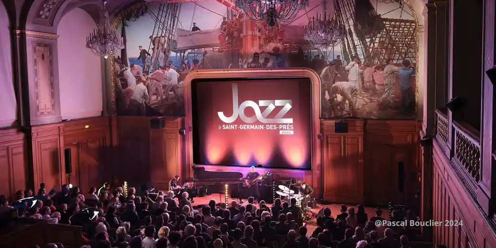 Jazz Festival at Saint-Germain-des-Prés logo featuring a stylized French horn