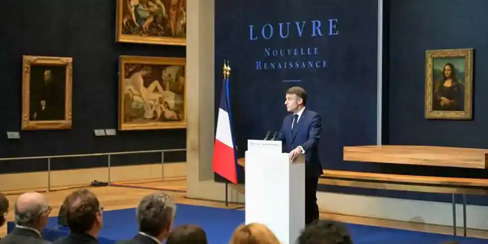 President Macron at the Louvre making an announcment in front of the Mona Lisa