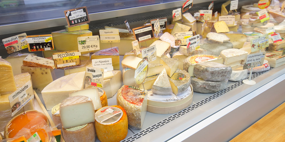 Virtually all of the cheeses of France can be found at the market