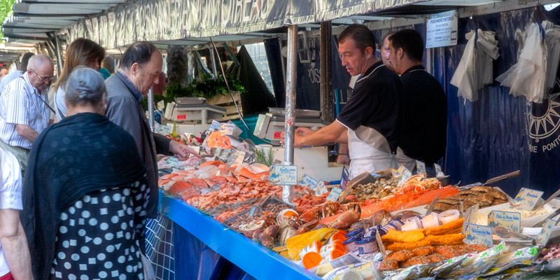 A fish seller's stall in the Market at Metro Alexandre Dumas, photo by Mark Craft