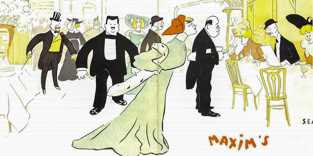 Maxim's Paris menu cover from 1904 with caricatures of high society patrons
