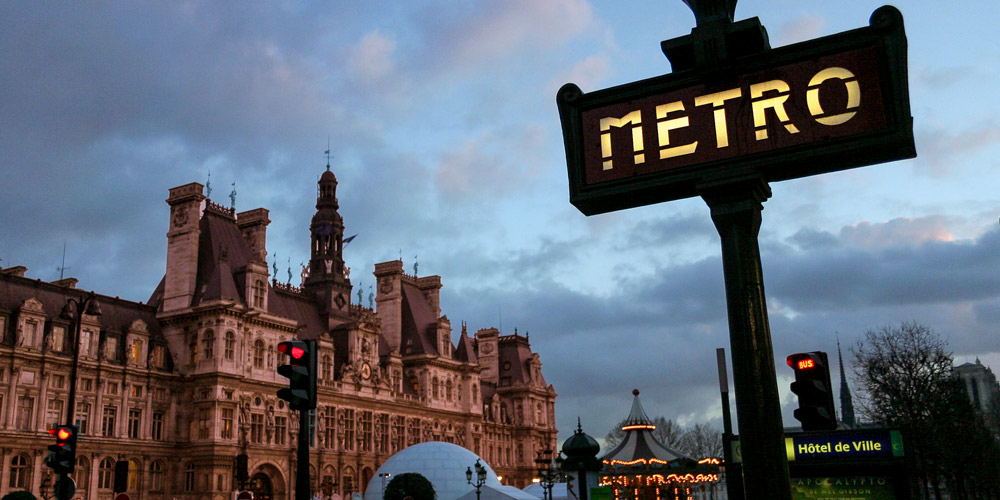 Metro sign at Hotel de Ville, Line 1, photo by Mark Craft