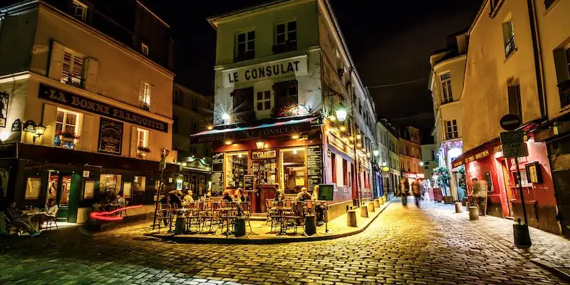 A cafe in the Montmartre neighborhood at night