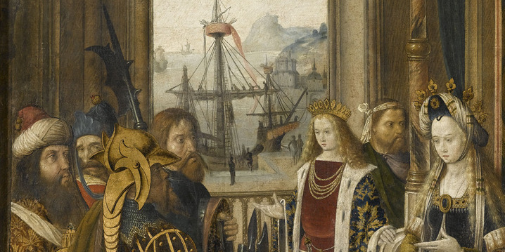 A medieval painting depcting France's mastery of the seas, with royalty and captains present
