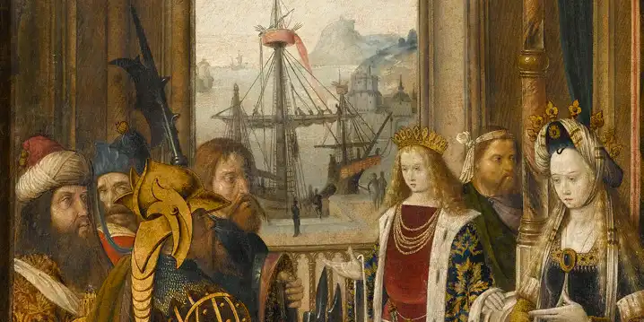 A medieval painting depcting France's mastery of the seas, with royalty and captains present