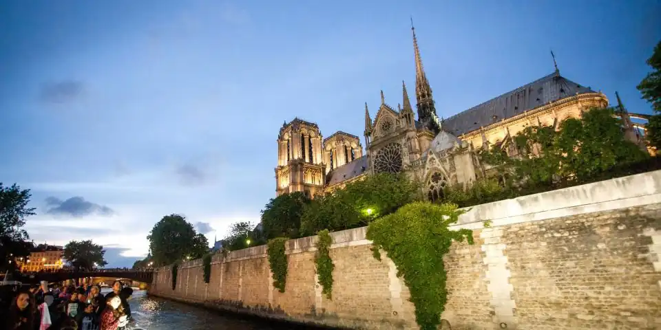 Notre Dame Catherdral, as seen from the Seine during a night river cruise