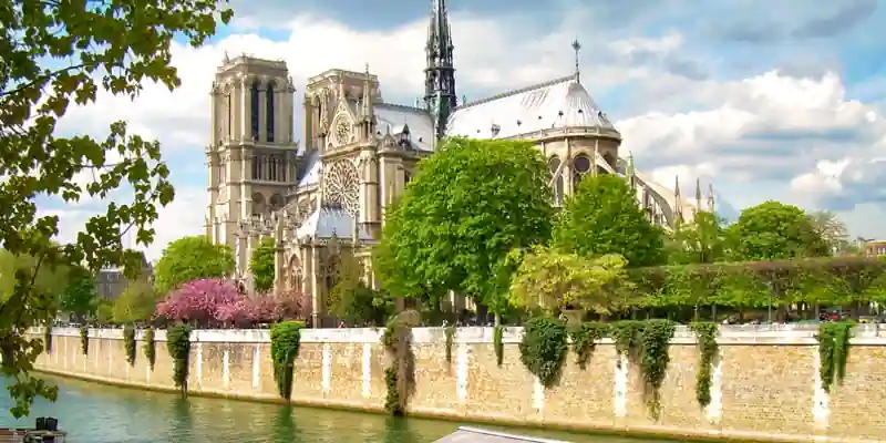 Notre Dame on the banks of the Seine, plant and trees in full summer glory