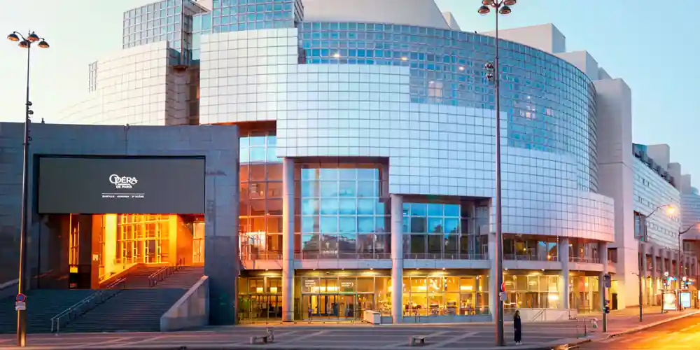 Opéra Bastille exterior at dusk in Paris