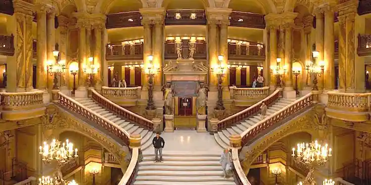Grand staircase inside the Palais Garnier opera house in Paris