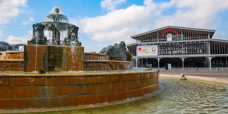 Fontaine aux Lions in front of the Grande Halle at Parc de la Villette