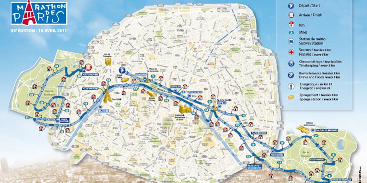 A map of the route of the Paris Marathon, from Bois de Vincennes to Bois de Bolougne.