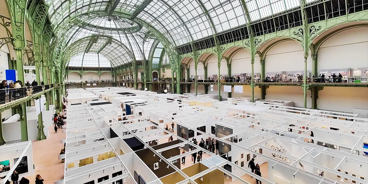 Paris Photo international photography fair beneath the glass roof of the Grand Palais