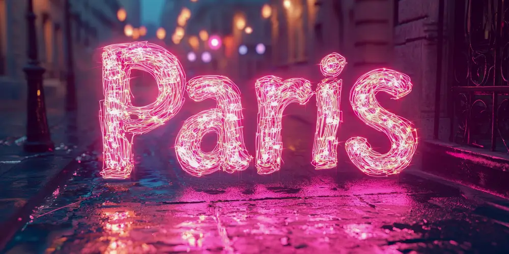 Paris writ large in neon on a cobblestone street