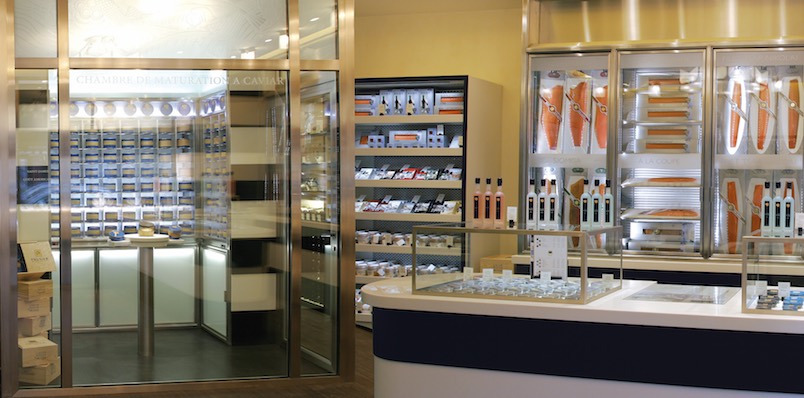 Caviar and high-grade salmon on display at Prunier in Paris
