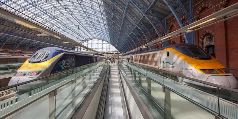 Eurostar trains awaiting passengers at St. Pancras
