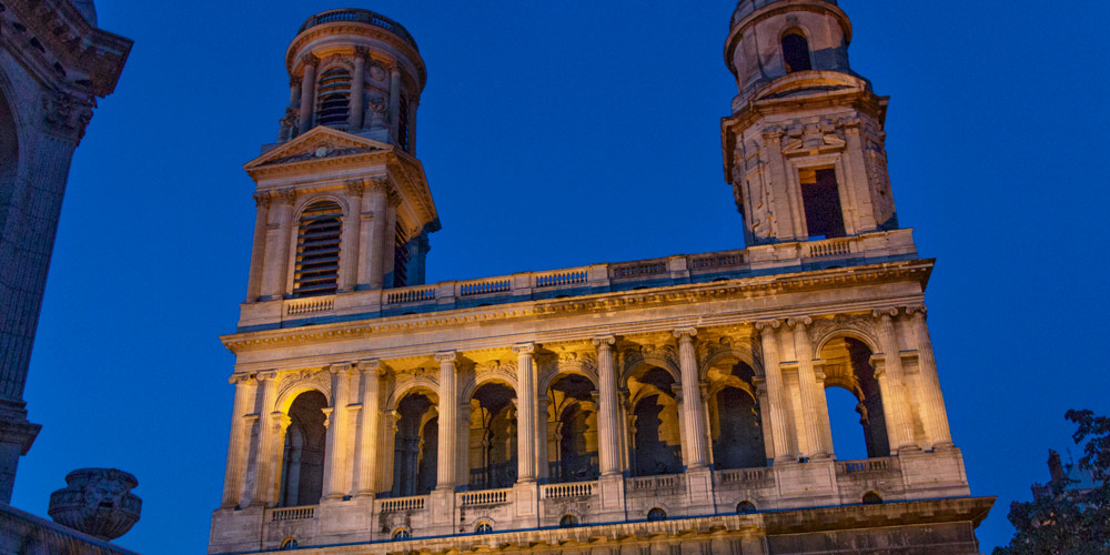 The towers of Eglise Saint-Sulpice at night, photo by Mark Craft
