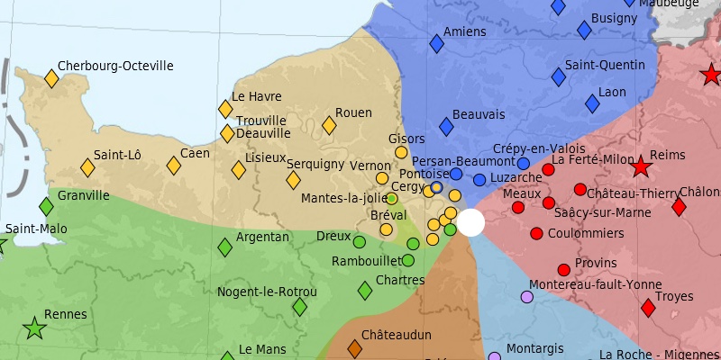 The area of France (in yellow) served by Gare Saint-Lazare