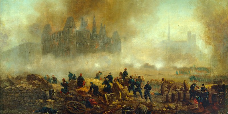 Communards & Versaillais battling while the Hotel de Ville burns