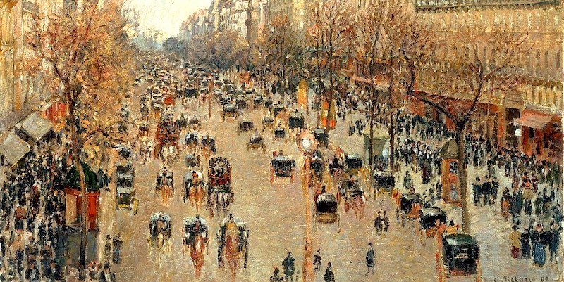 Horse-drawn fiacres on Boulevard Montmartre, painted by Pissarro in 1897